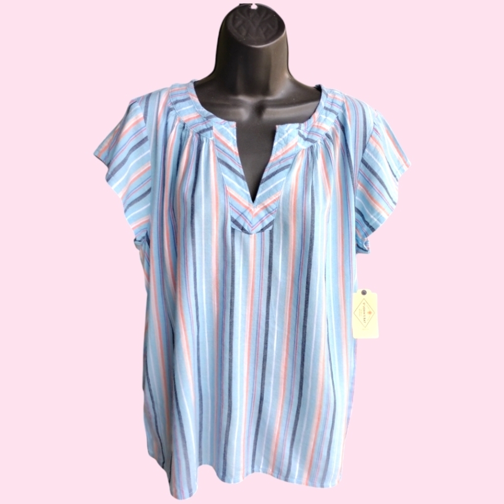 Nwt St.John's Bay Stripes Blue Henley V Neckline Top Sz PL